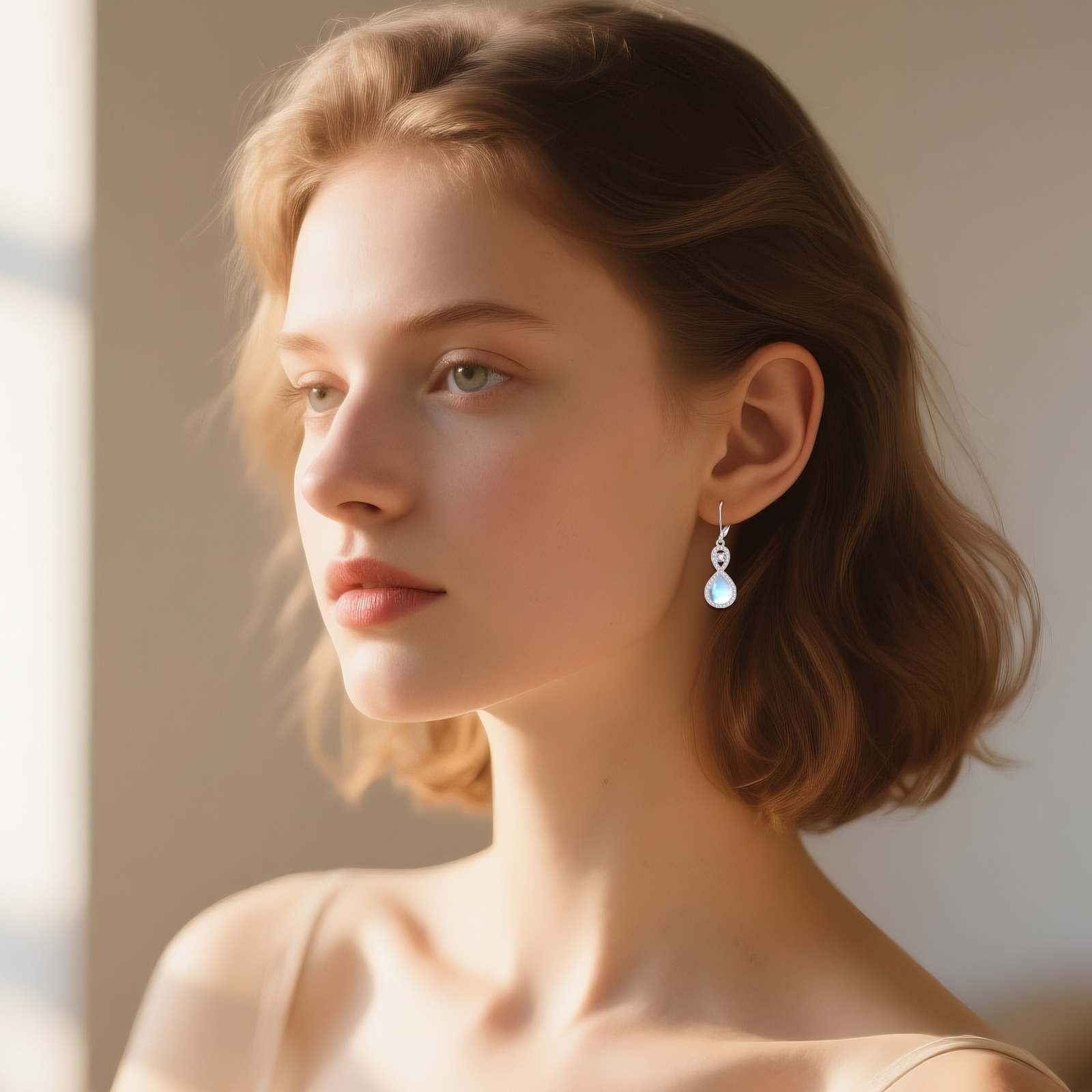 Dangle Earrings Featuring Moonstone Infinity Symbol, Teardrop Style